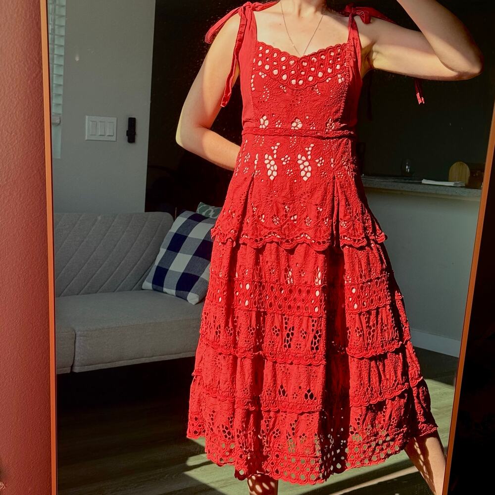 Three Floor Anthropologie Red Eyelet Embroidered Tiered Midi Dress Tie Strap 8